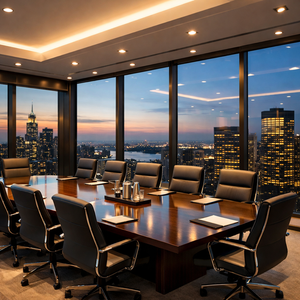 Modern executive boardroom overlooking city skyline